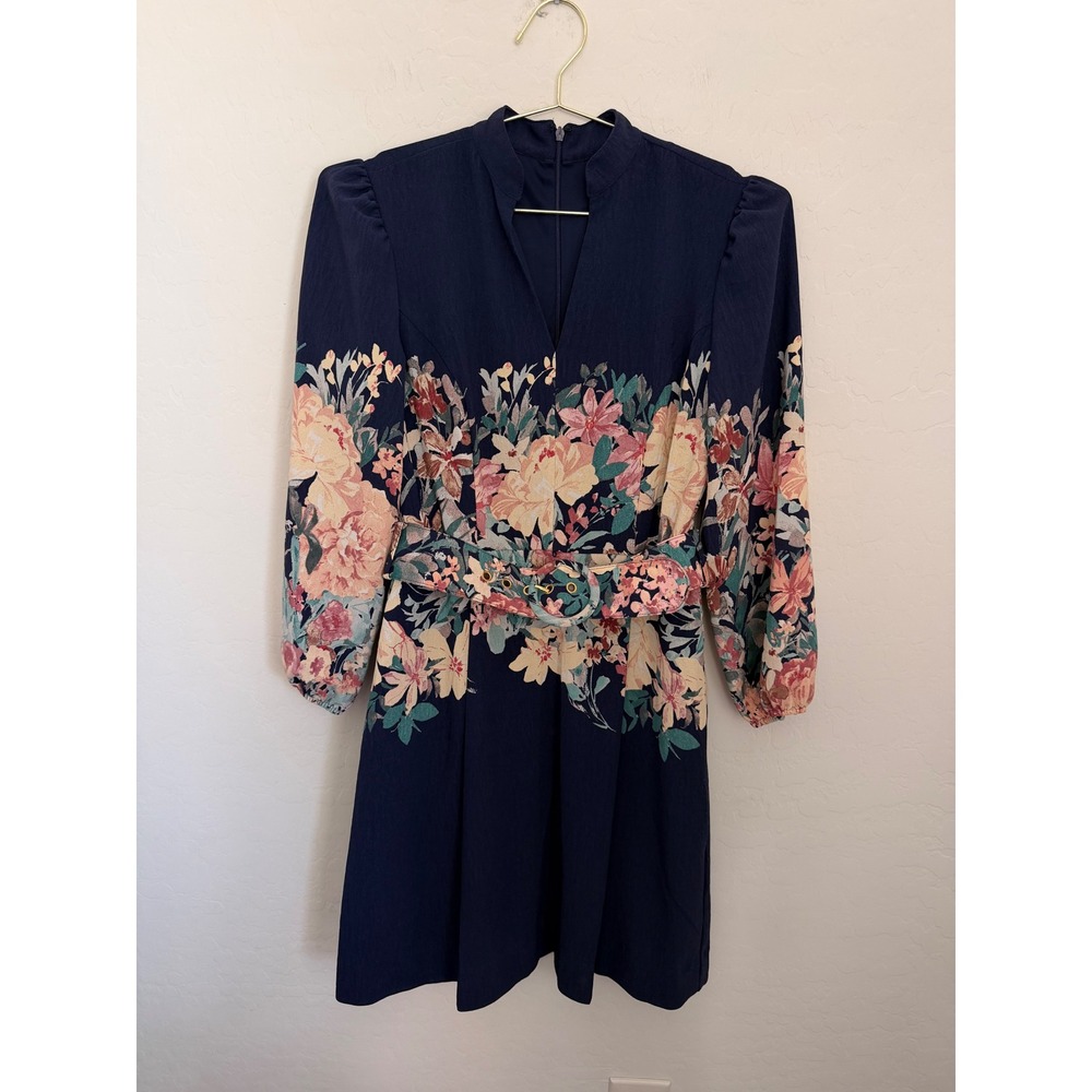 Tahari ASL Floral Belted Split Neck Pocket Dress Size 2 Long Sleeve NWOT